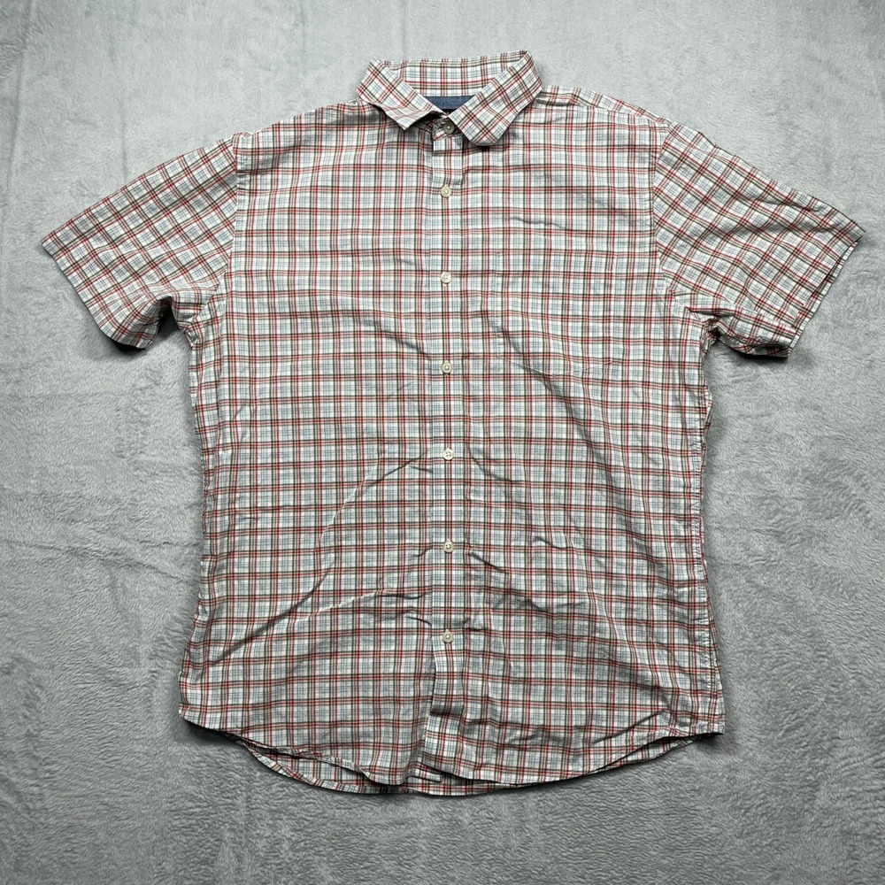 Banana Republic Shirt Mens Large Red White Blue Plaid Slim Fit Short Sleeve